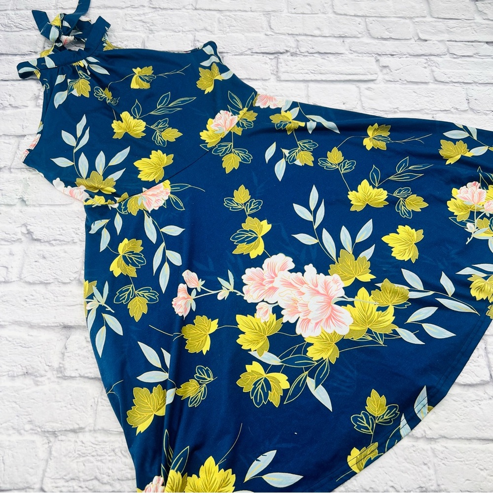 Floral Halter Midi Dress in Blue and Yellow Large Tie Neck Fit Flare Flirty